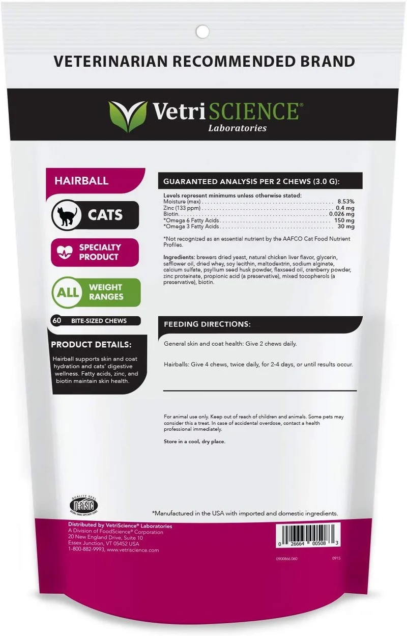 vetriscience laboratorios Hairball Digestivo Apoyo Hígado de Pollo Flavored 60 Chews suave para gatos