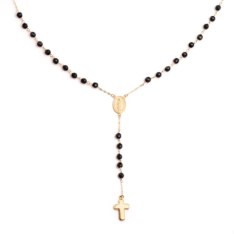 Chapelet or jaune 18 carats perles onyx croix brillante | Azuline