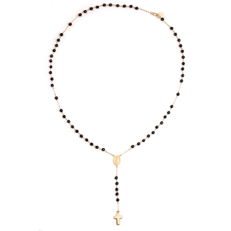 Chapelet or jaune 18 carats perles onyx croix brillante | Azuline