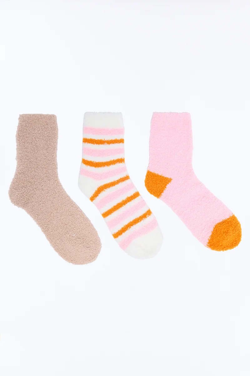 Bows And Stripes 3 Pack Cozy Socks - Pink/combo