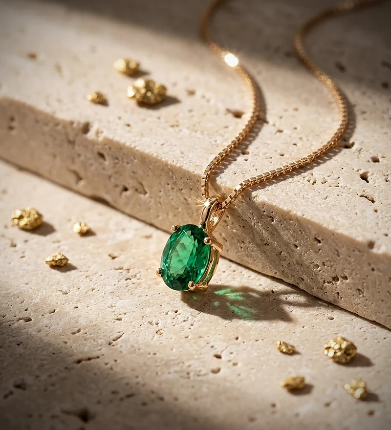 Pendentif ovale émeraude recristallisée – Or jaune 18 carats | Azuline