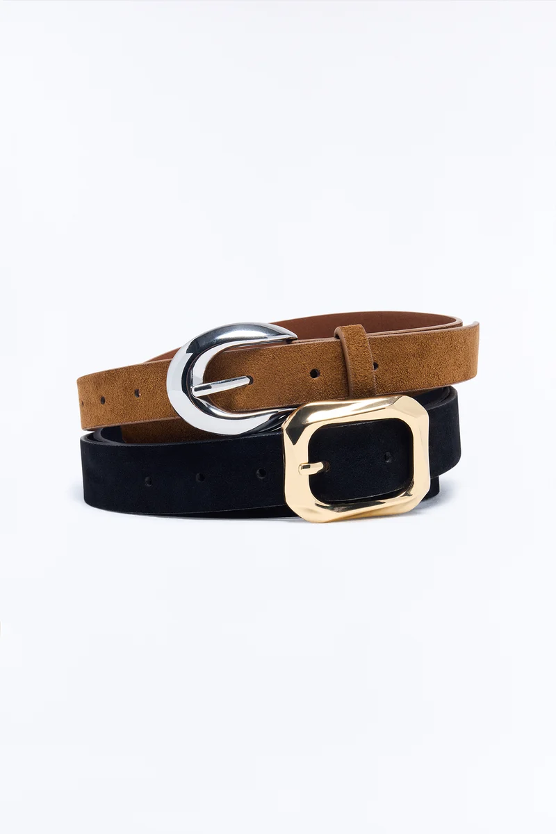 Any Day Any Time Faux Suede 2 Piece Belt Set - Black/Brown