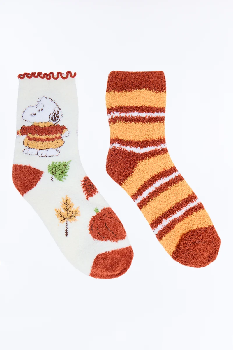 Fall Snoopy 2 Pack Cozy Socks - Orange/combo
