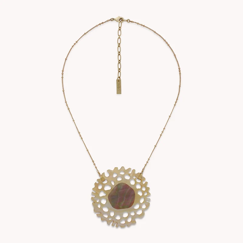 Collier Nature Bijoux Corallium Court Gros Pendentif Nacre Ajourée