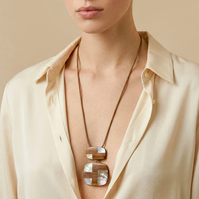 Collier Nature Bijoux Kamakura Long Pendentif 2 Éléments Bambou & Nacre