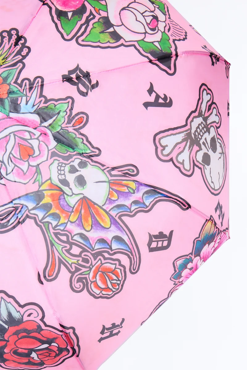 Ed Hardy Floral Skull Umbrella - Pink