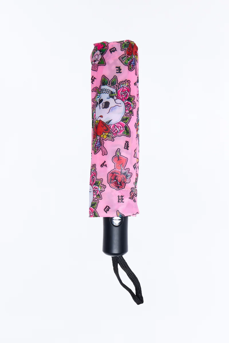 Ed Hardy Floral Skull Umbrella - Pink