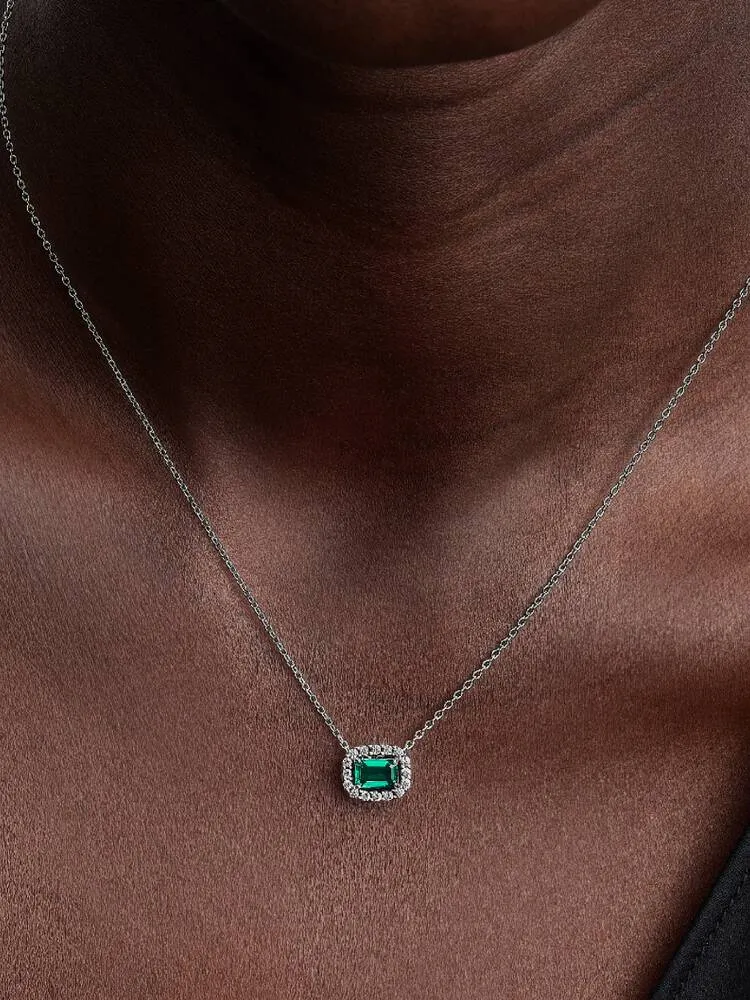 Collier Pendentif Halo Vert Scintillant Rectangulaire Argent | Pandora