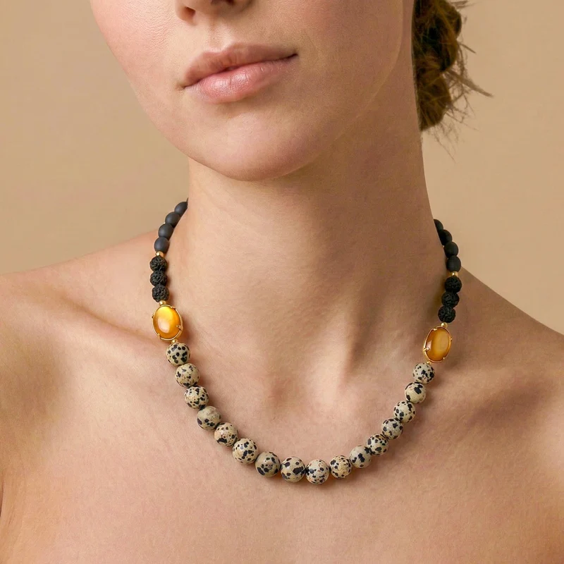 Collier Nature Bijoux Kinshasa Jaspe Dalmatien Perles Rondes