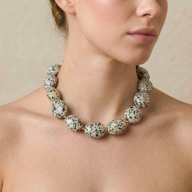 Collier Nature Bijoux Kinshasa Plastron Grosses Perles Jaspe Dalmatien