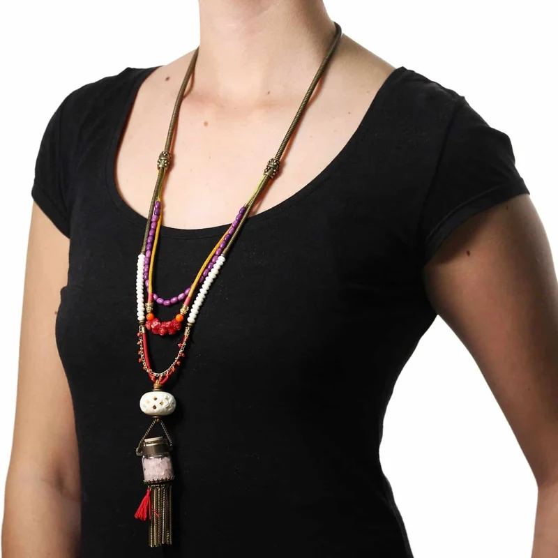 Collier Nature Bijoux Goa Long Collier au Flacon de Quartz Rose
