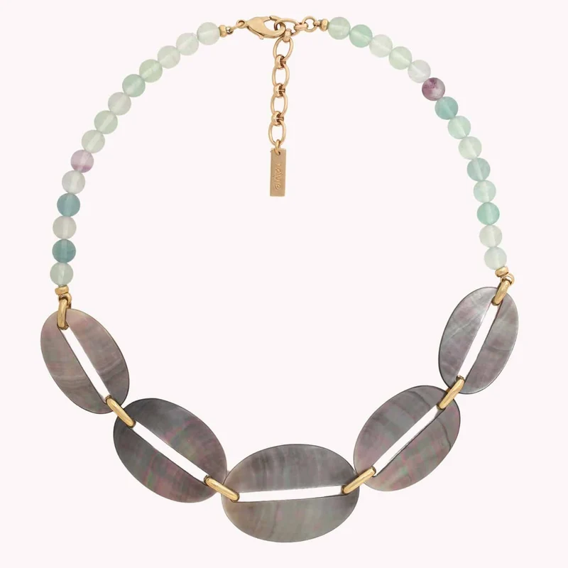 Collier Nature Bijoux Fluorite Court Anneau Nacre Noir