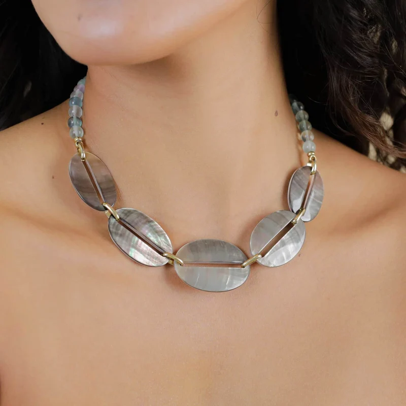 Collier Nature Bijoux Fluorite Court Anneau Nacre Noir