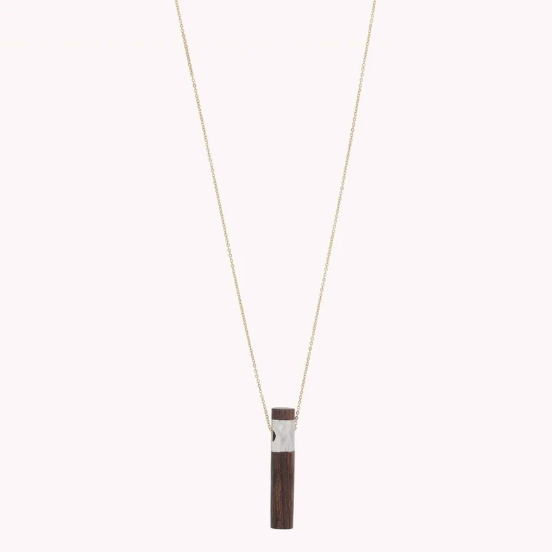 Collier Nature Bijoux Okawa Long Tube Nacre & Bois sur Chaine Dorée