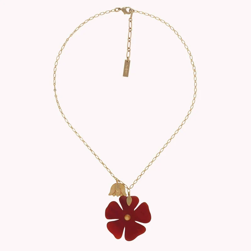 Collier Nature Bijoux Son Jardin Pendentif Fleur Rouge