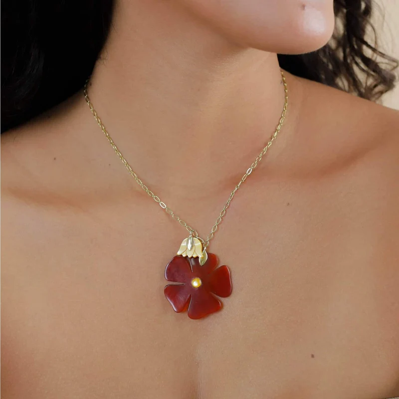 Collier Nature Bijoux Son Jardin Pendentif Fleur Rouge