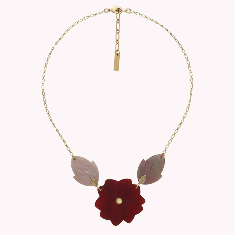 Collier Nature Bijoux Son Jardin 3 éléments fleur rouge et feuille nacre brune