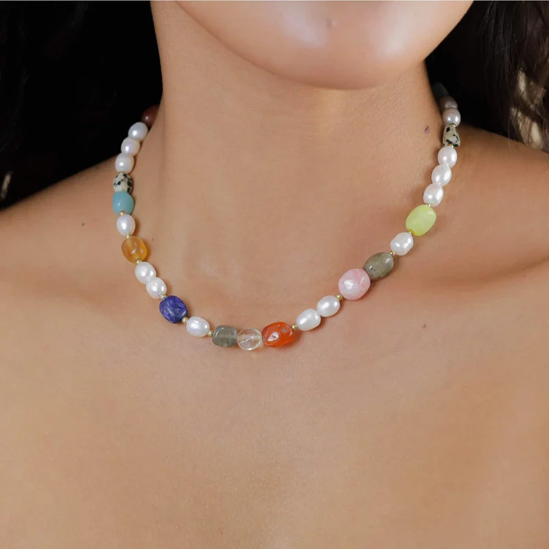 Collier Nature Bijoux Palawan Mix Pierres et Perles d'eau douce blanches