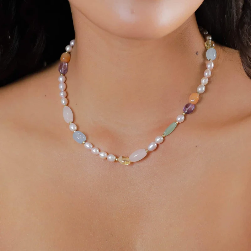 Collier Nature Bijoux Palawan Mix Pierres et Perles d'eau douce rose pâle