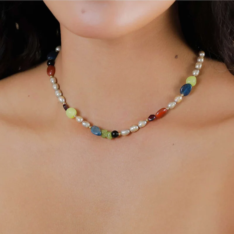 Collier Nature Bijoux Palawan Mix Pierre et Perles d'eau douce Beige