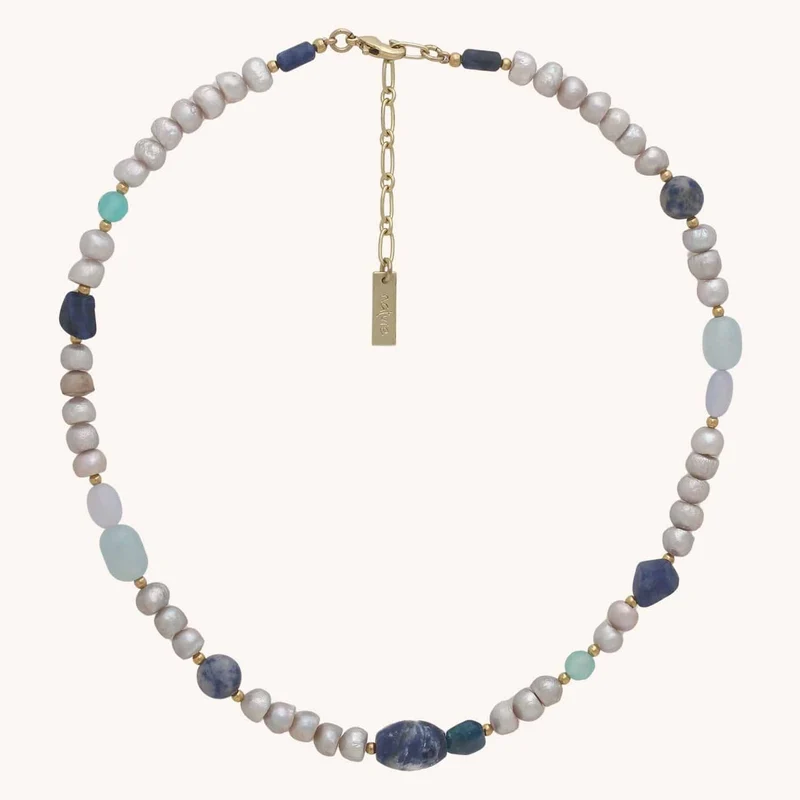 Collier Nature Bijoux Palawan Mix Pierres et Perles d'eau Douce Gris Clair et Bleu