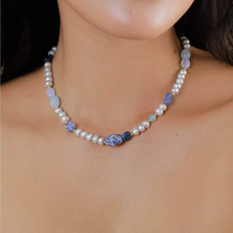 Collier Nature Bijoux Palawan Mix Pierres et Perles d'eau Douce Gris Clair et Bleu