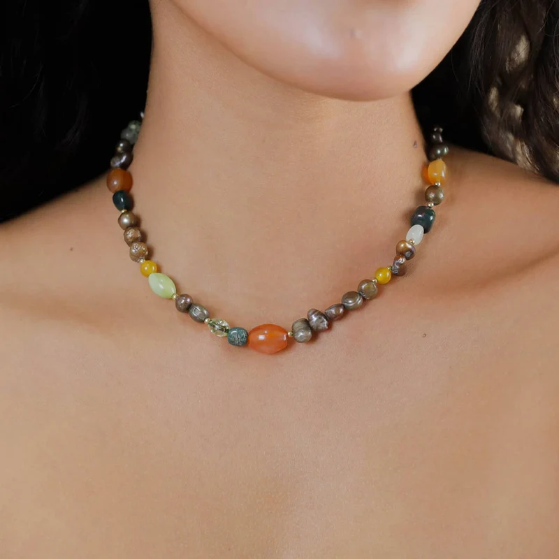 Collier Nature Bijoux Palawan Mix de pierres et perles d'eau douce marron