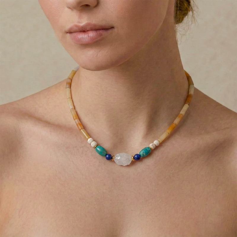 Collier Nature Bijoux Jungle Court Jaspe Jaune, Amazonite Russe et Cristal de Roche