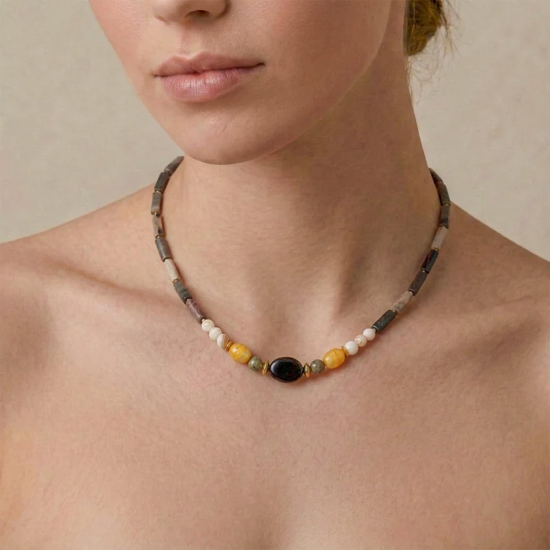 Collier Nature Bijoux Jungle Court Jaspe Argenté, Nacre et Onyx