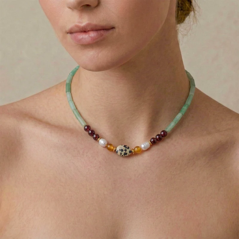 Collier Nature Bijoux Jungle Court Aventurine Grenat Jaspe Dalmatien