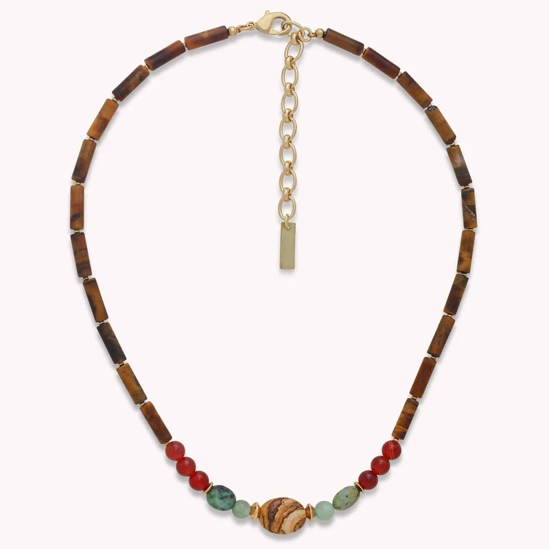 Collier Nature Bijoux Jungle Oeil de tigre, agate rouge et jaspe paysager