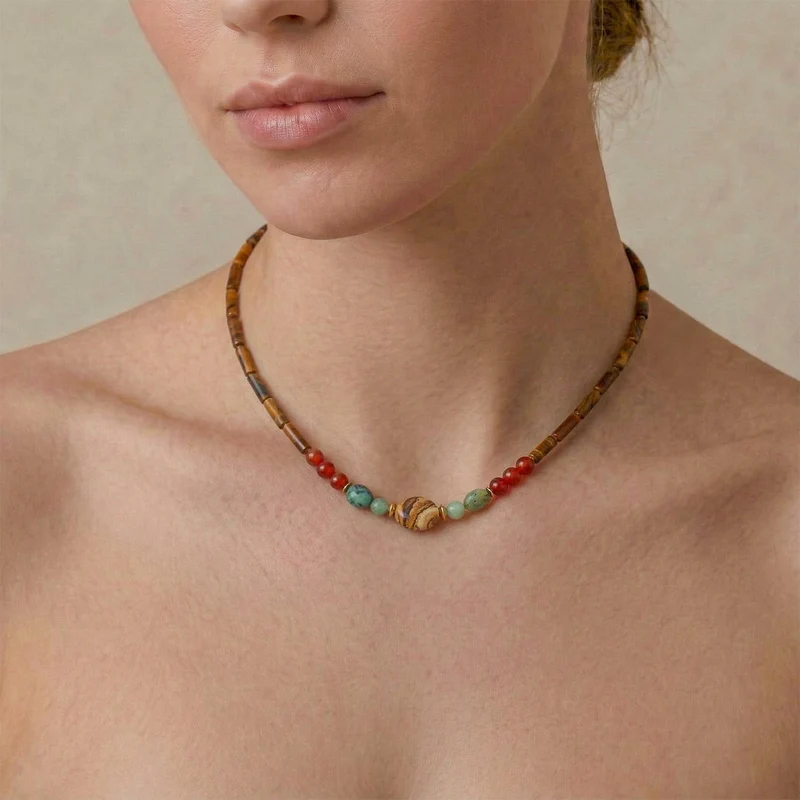 Collier Nature Bijoux Jungle Oeil de tigre, agate rouge et jaspe paysager