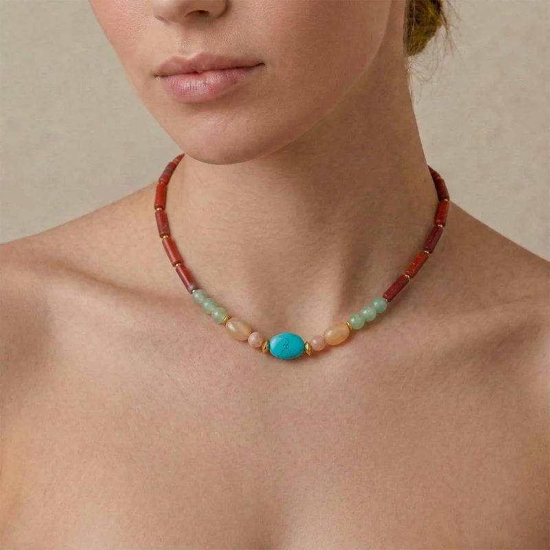 Collier Nature Bijoux Jungle Jaspe Brique, Aventurine et Howlite Bleue