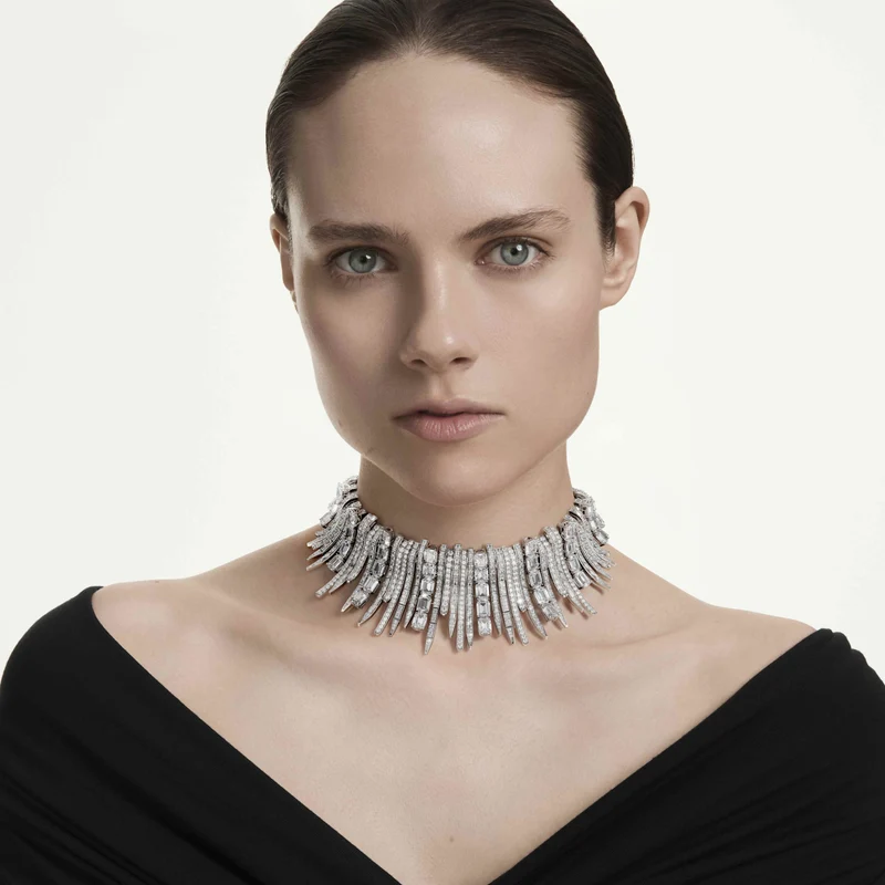 Collier Swarovski - Vienna - Frange de plumes - Ras-de-cou - Blanc & Argenté
