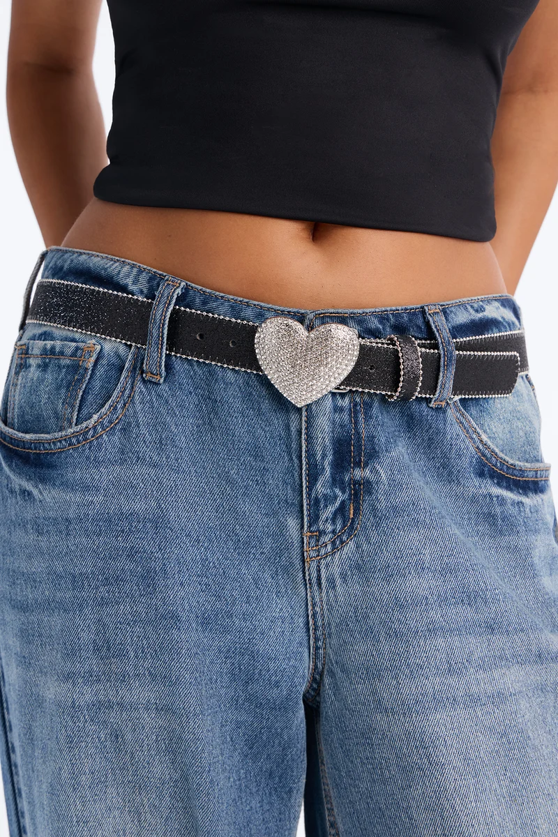Endless Love Rhinestone Faux Leather Belt - Black/Silver