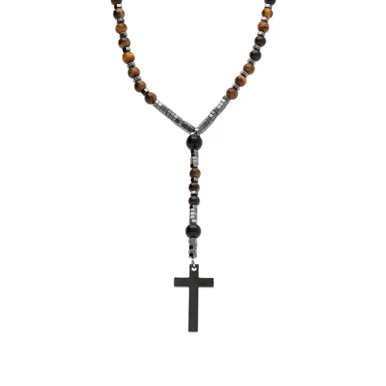 Sautoir chapelet perles brunes et noires 70 cm – Acier | Azuline