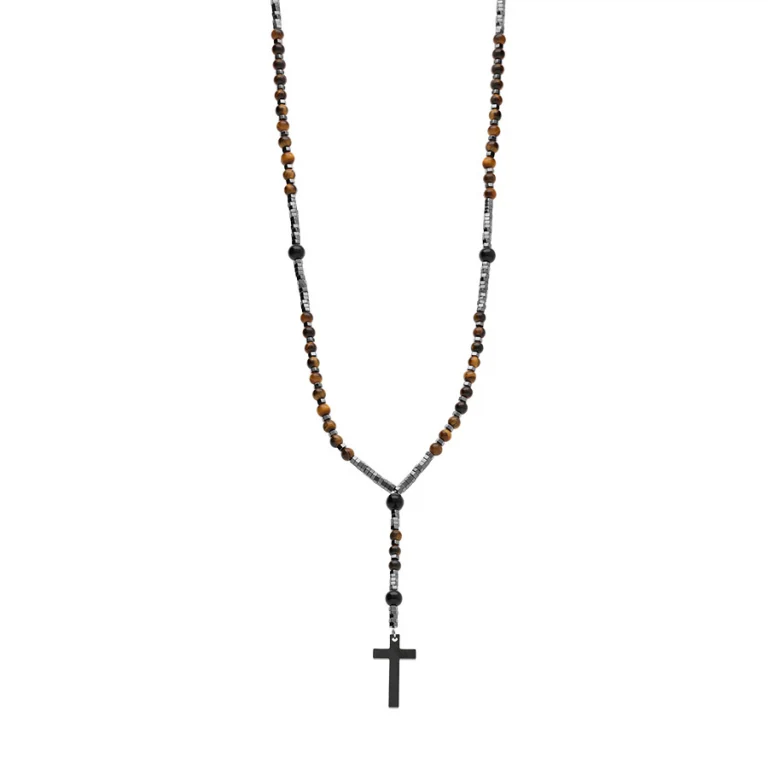 Sautoir chapelet perles brunes et noires 70 cm – Acier | Azuline