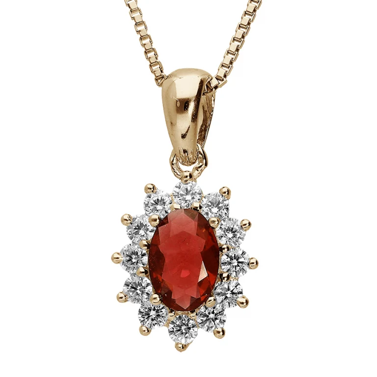 Collier ovale à pierre synthétique rouge entourée de pierres blanches – Plaqué or | Azuline