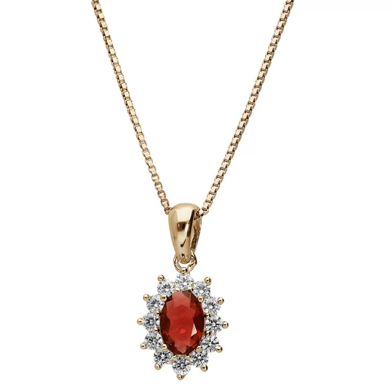 Collier ovale à pierre synthétique rouge entourée de pierres blanches – Plaqué or | Azuline