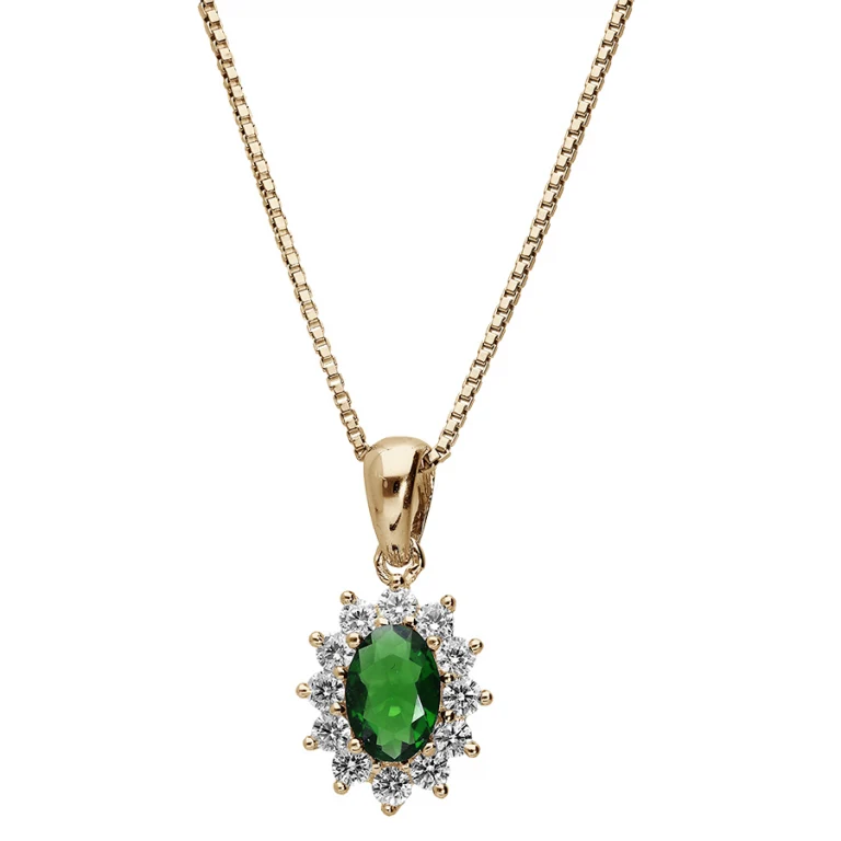 Collier ovale à pierre synthétique verte et pierres blanches – Plaqué or | Azuline
