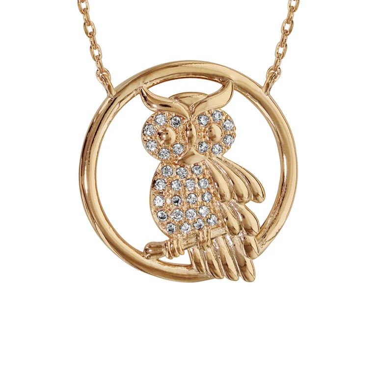 Collier médaille ronde hibou sertie d’oxydes blancs – Plaqué or | Azuline