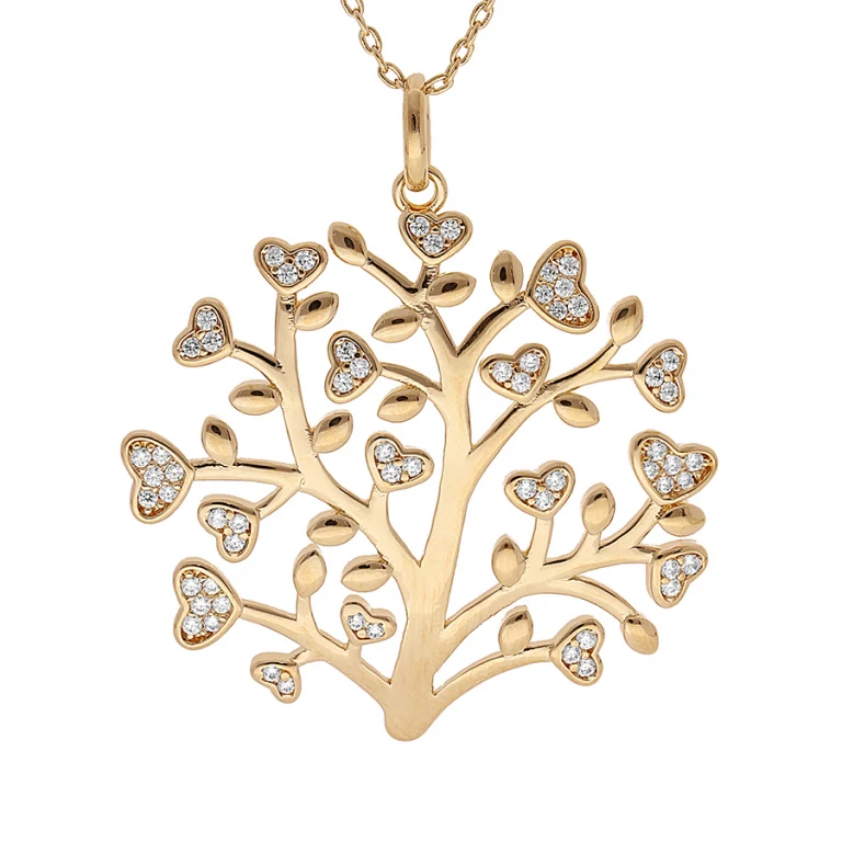 Collier arbre de vie à petits cœurs sertis d’oxydes blancs – Plaqué or | Azuline