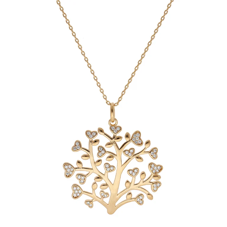 Collier arbre de vie à petits cœurs sertis d’oxydes blancs – Plaqué or | Azuline