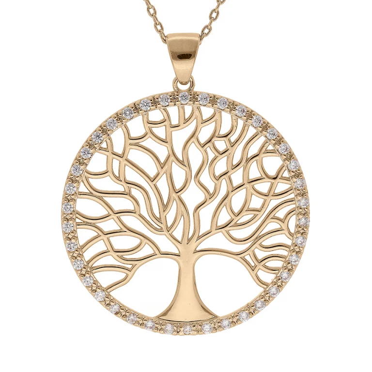 Collier arbre de vie stylisé dans un cercle de 30 mm serti d’oxydes – Plaqué or | Azuline
