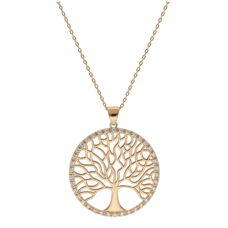 Collier arbre de vie stylisé dans un cercle de 30 mm serti d’oxydes – Plaqué or | Azuline