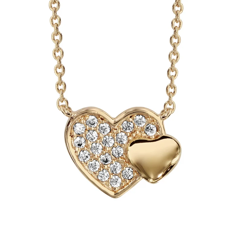 Collier double cœur pavé d’oxydes blancs – Plaqué or | Azuline