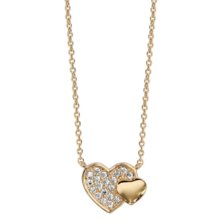 Collier double cœur pavé d’oxydes blancs – Plaqué or | Azuline