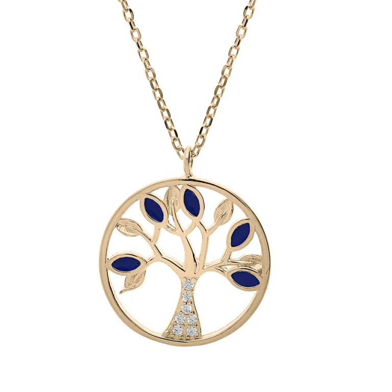 Collier arbre de vie serti d’oxydes bleus et blancs – Plaqué or | Azuline