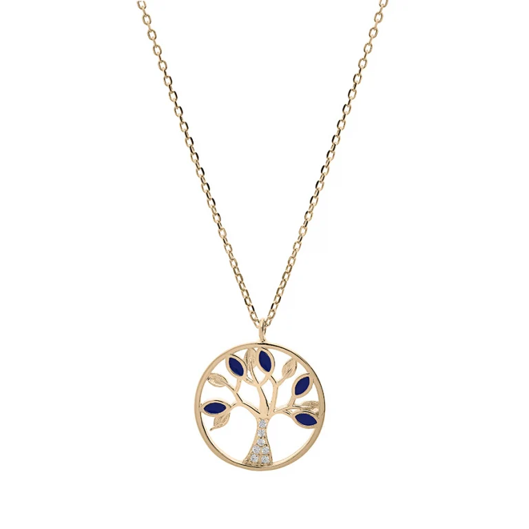 Collier arbre de vie serti d’oxydes bleus et blancs – Plaqué or | Azuline