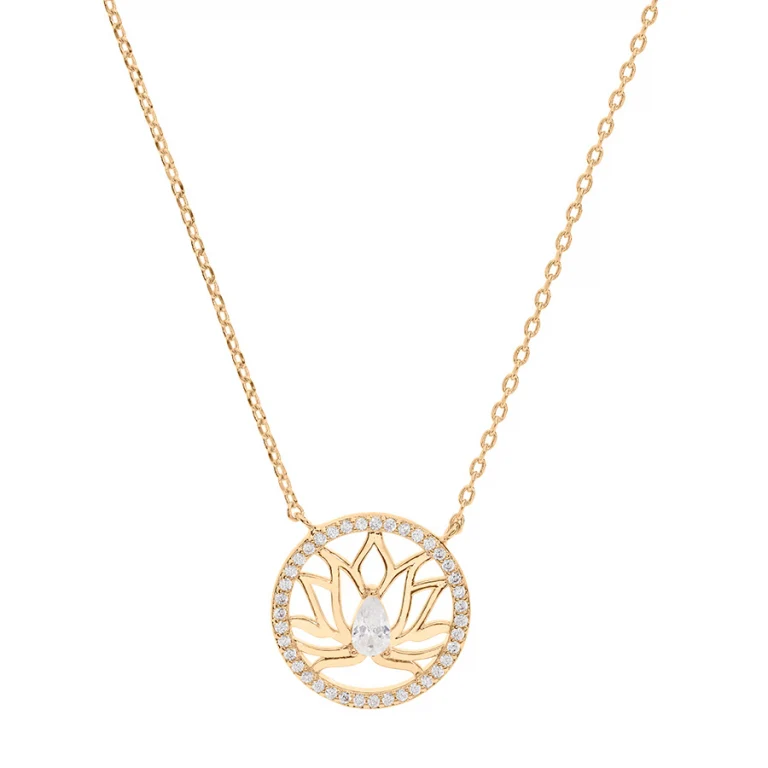 Collier fleur de lotus dans un cercle serti d’oxydes blancs – Plaqué or | Azuline